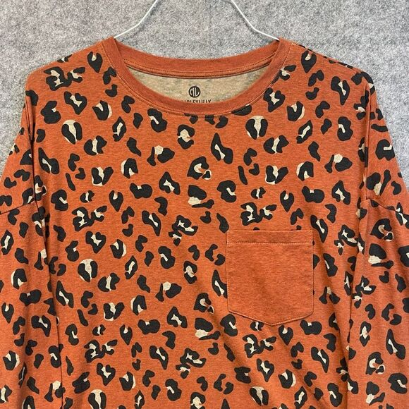 MARLEYLILLY Top Women's S/M Orange Black Leopard Print Crew Neck Long Sleeve - Picture 2 of 13